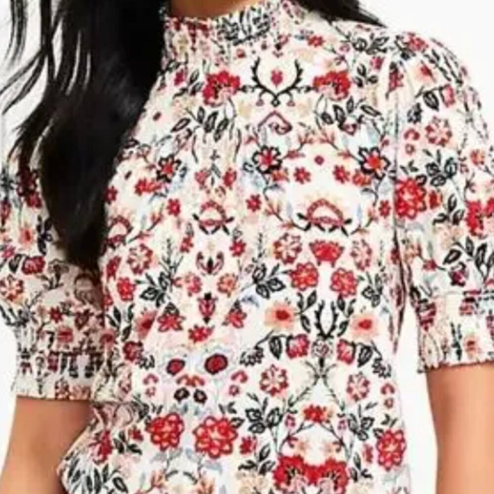 LOFT Forest Smocked Puff Sleeve Top, Size XL